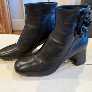 Tory Burch Black Leather Ankle Boots with Floral Heel Accent
